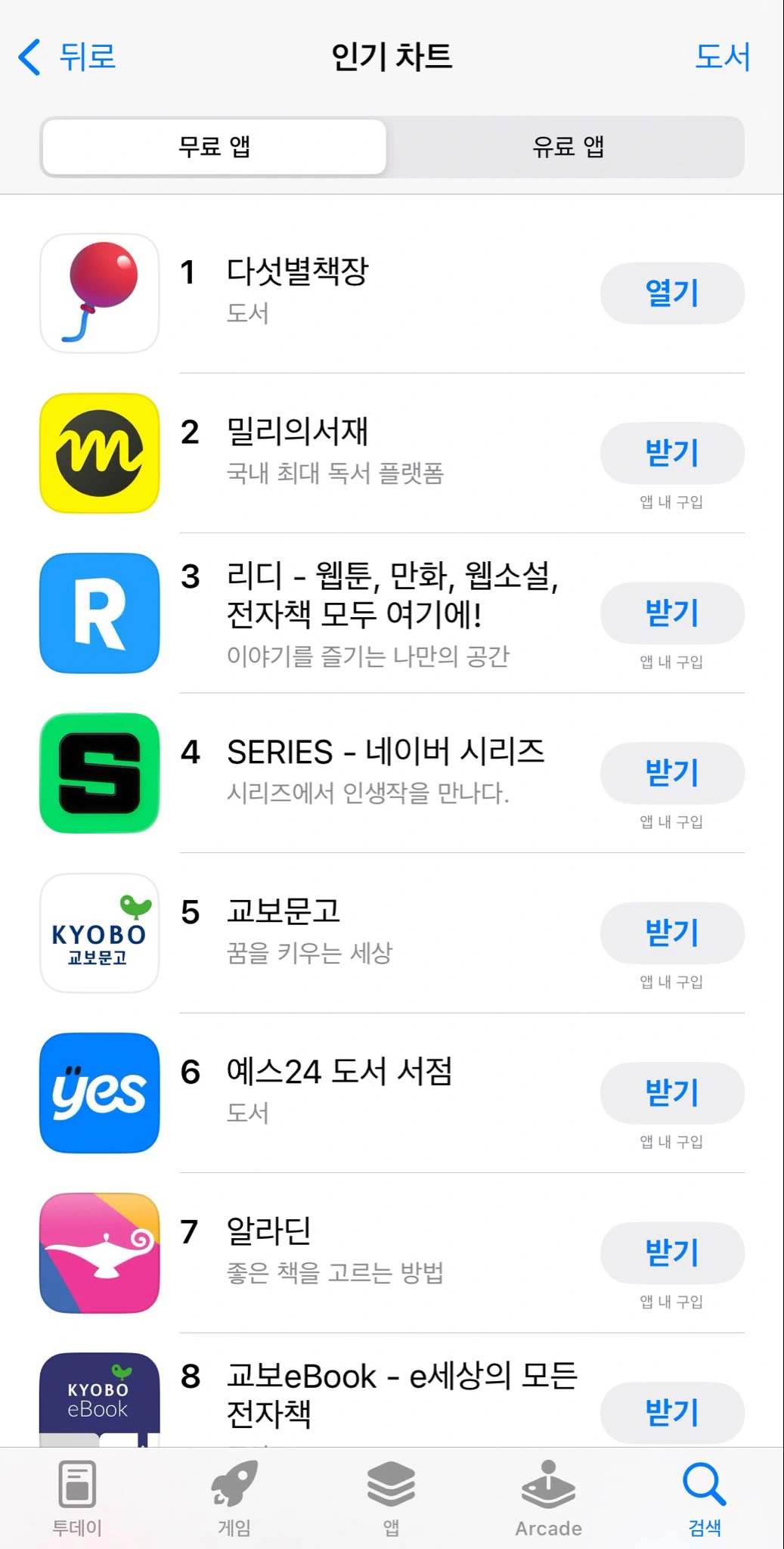 ios 도서앱 인기차트에서 밀리와 리디를 제치고 1위를 차지한
