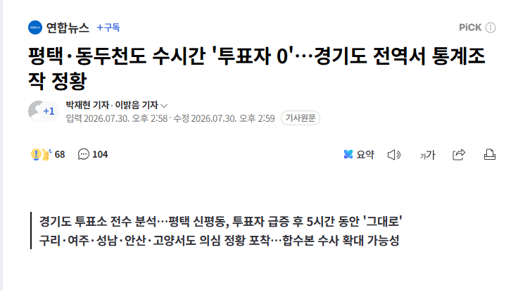 평택 동두천도 수시간 '투표자 0' 경기도 전역서 통계조작 정황