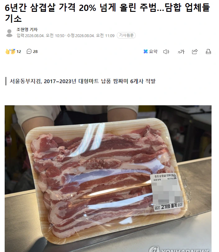 6년간 삼겹살 가격 20% 넘게 올린 주범…담합 업체들 기소