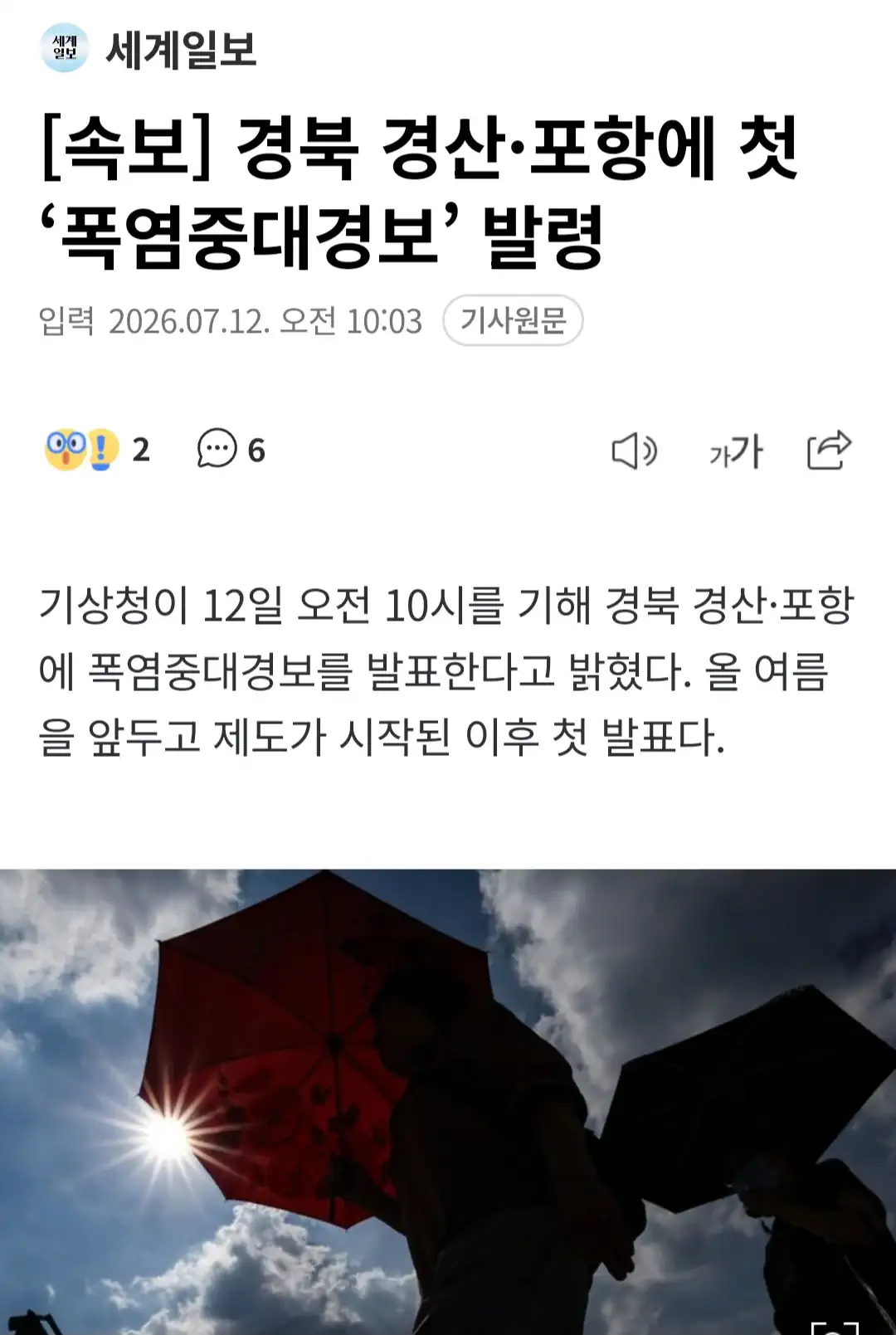 속보] 경북 경산·포항에 첫 ‘폭염중대경보’ 발령