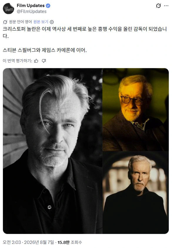 크리스토퍼 놀란 역사상 세번째 흥행 감독 등극