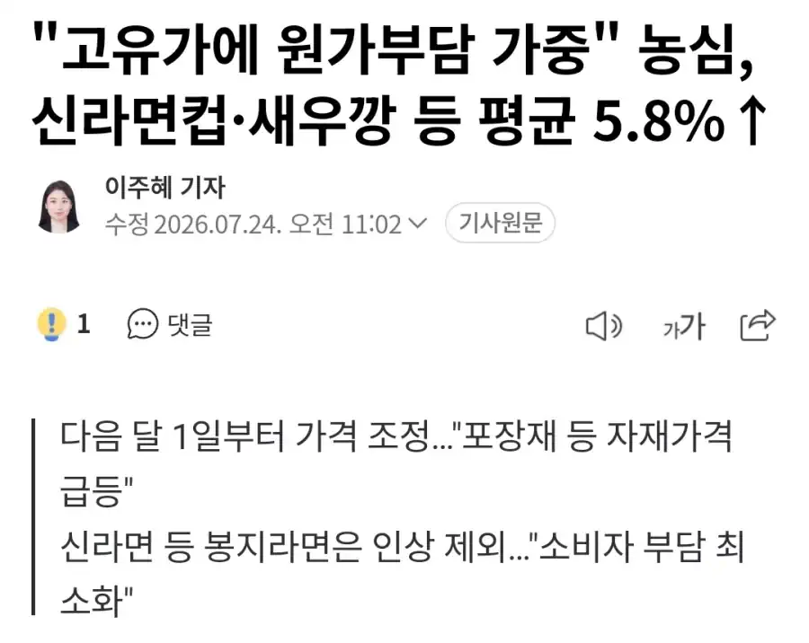 "고유가에 원가부담 가중" 농심 신라면컵, 새우깡 등 평균 5.8% 인상