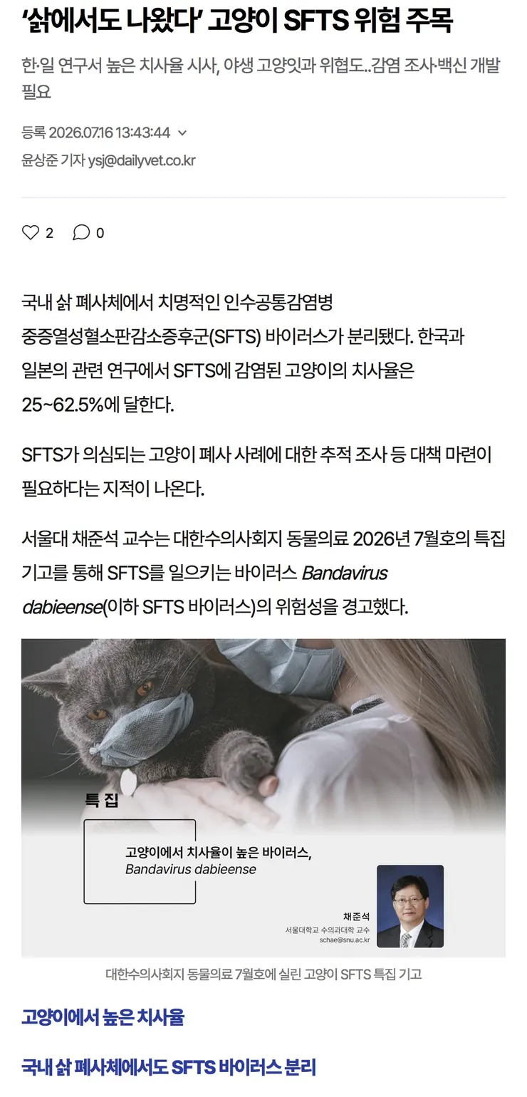 ‘삵에서도 나왔다’ 고양이 SFTS 위험 주목