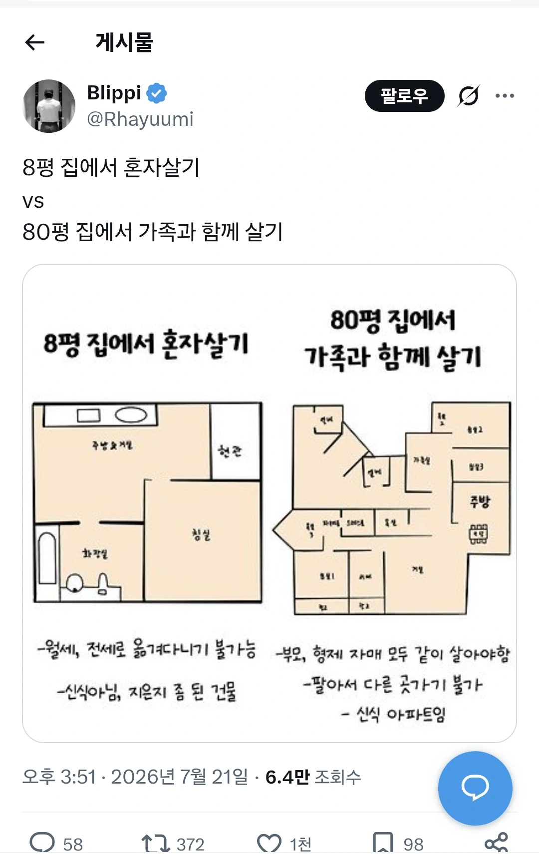 8평 집에서 혼자살기 VS 80평 집에서 가족과 함께 살기