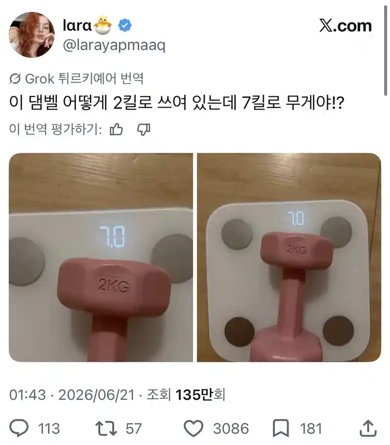 2kg 덤벨 체중계에 올렸더니 7kg이네?