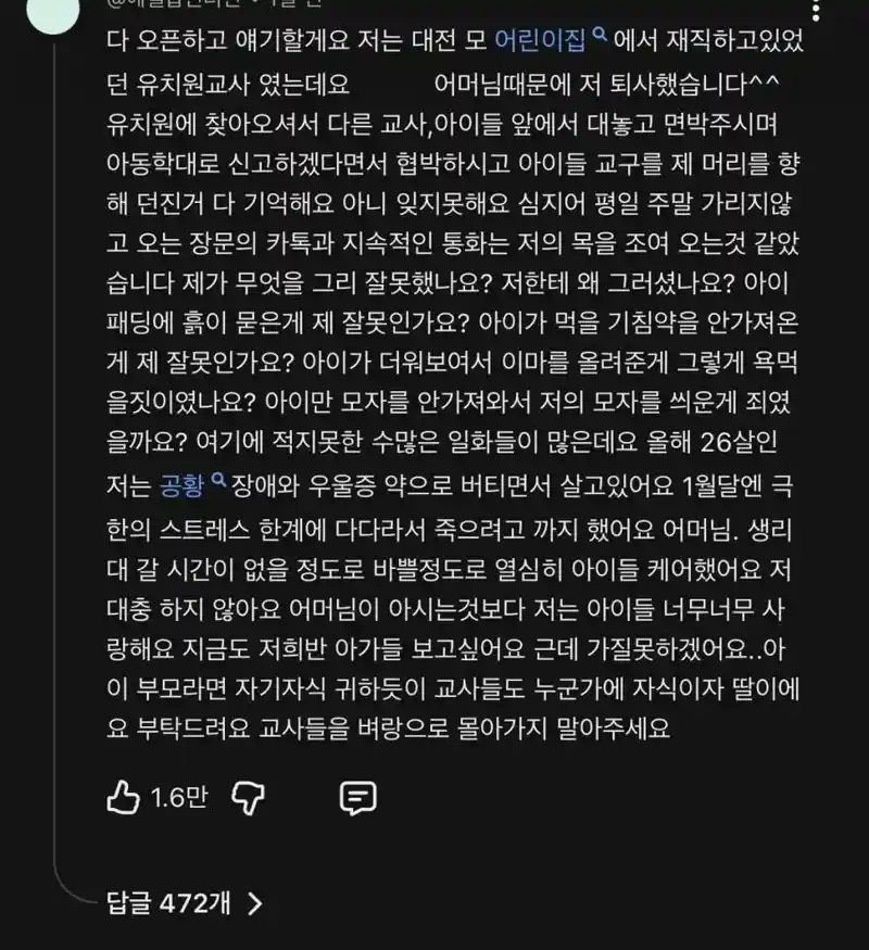 이수지 영상에 달린 퇴직 유치원 교사들의 댓글.txt